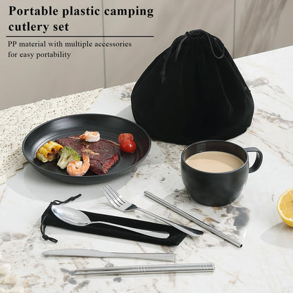 Camping Essentials Set, HOMQUEN Camping Plates and Bowls Set, Coffee Mug, Travel Cutlery Set Include Spoon, Fork, Knife for Work, Outdoor,Picnic, Camp （Black）