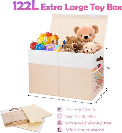 Large Toy Storage Box with Lid, Collapsible Sturdy Toys Storage Organizer Chest Bin Basket with Divider for Kids, Boys, Girls, Closet, Playroom, Bedroom, Nursery, 26"x17"x17" (Beige and White)