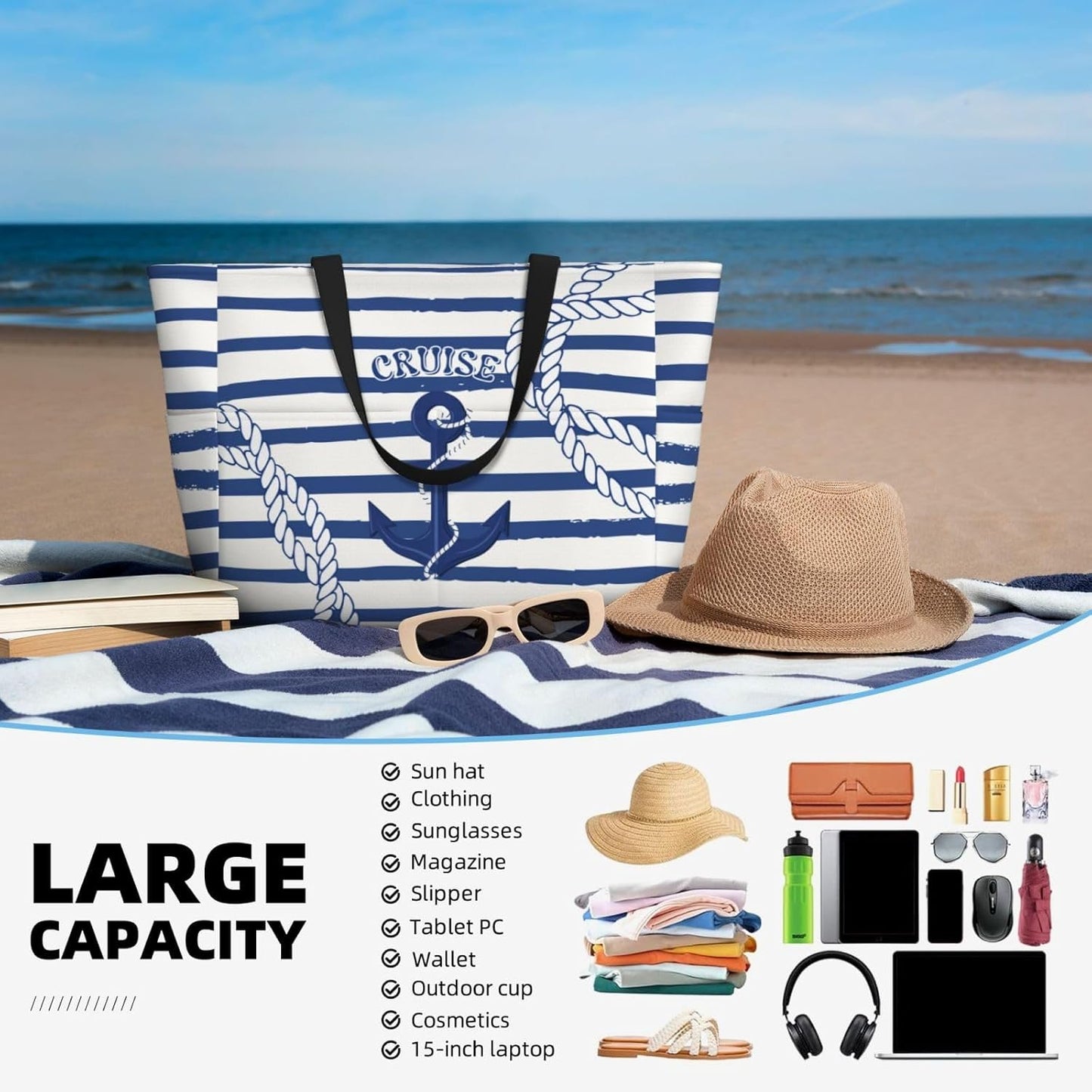 Beach Bag for Women Beach Tote Bag Waterproof Sandproof Large Bags with Zipper Big Capacity for Vacation Travel