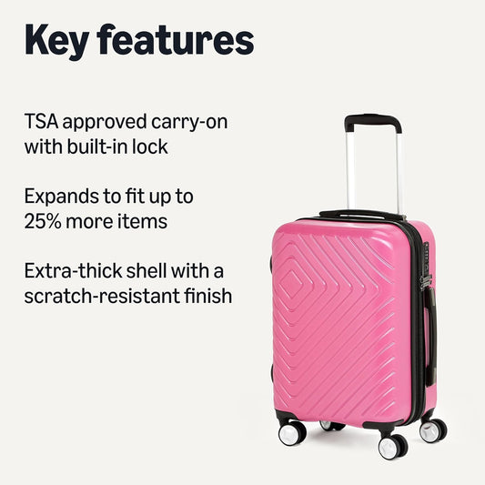 Amazon Basics 21" Hardside Carry-On Luggage with TSA Lock, Hardshell Suitcase With Wheels, Expandable For 25% More Capacity, With Scratch-Resistant Geometric Surface, 4 Multi-directional Wheels, Pink