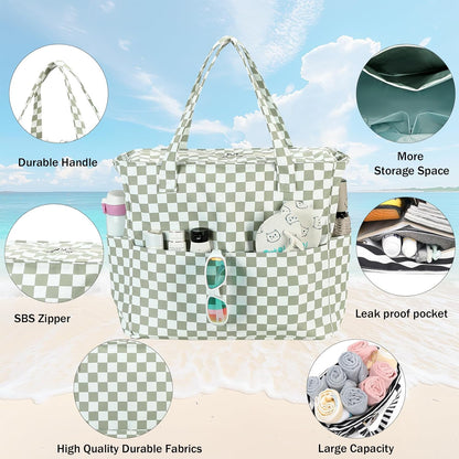 LEDAOU Large Beach Tote Bag Women Waterproof Sandproof Zipper Beach Tote Bag for Pool Gym Grocery Travel with Wet Pocket