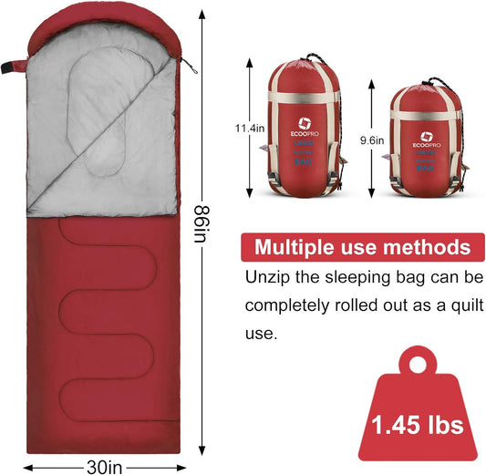 ECOOPRO Warm Weather Sleeping Bag - Portable, Waterproof, Compact Lightweight, Comfort with Compression Sack - Great for Outdoor Camping, Backpacking & Hiking-83 L x 30" W Fits Adults