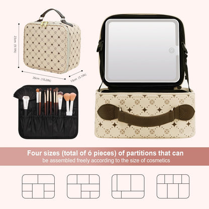 Travel Makeup Bag With 360° rotating LED Mirror,Waterproof cosmetic organizer,Portability Cosmetic case,Makeup organizer,Gift for Women,Girls Gift (Beige + Brown)