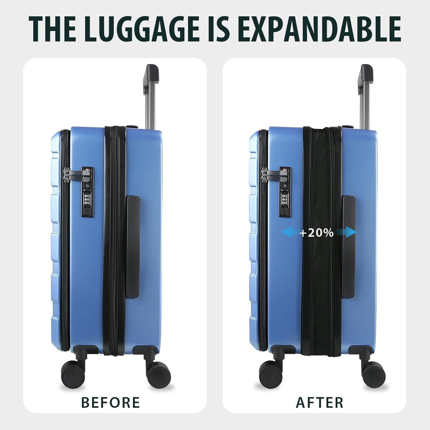 KROSER Carry On Luggage with Spinner Wheels & Built-in TSA Lock, Expandable Top Loading Hard Shell Suitcase Large Capacity Durable Rolling Luggage with USB Port, Carry-On 20-Inch, Light Blue