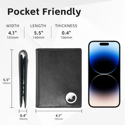 Passport Wallet With Airtag for Travel, Leather Passport Holder for Men and Women, RFID Blocking Bifold Passport Cover With Credit Card Holder (Black)
