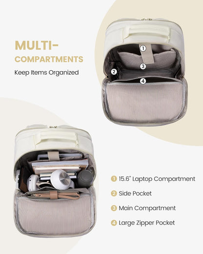 LOVEVOOK Laptop Backpack Purse for Women, Work Travel Computer Bags, College School Backpack for Student Girl, Quilted Casual Daypack with USB Port, Fit 15.6 Inch Laptop, Beige White