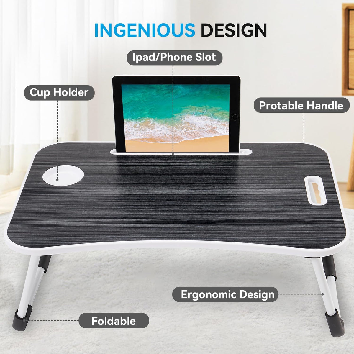 BUYIFY Folding Lap Desk, 23 Inch Portable Wood Deep Black Laptop Bed Desk Lap Desk with Cup Holder, for Working Reading Writing, Eating, Watching Movies for Bed Sofa Couch Floor