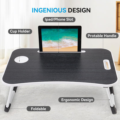 BUYIFY Folding Lap Desk, 23 Inch Portable Wood Deep Black Laptop Bed Desk Lap Desk with Cup Holder, for Working Reading Writing, Eating, Watching Movies for Bed Sofa Couch Floor