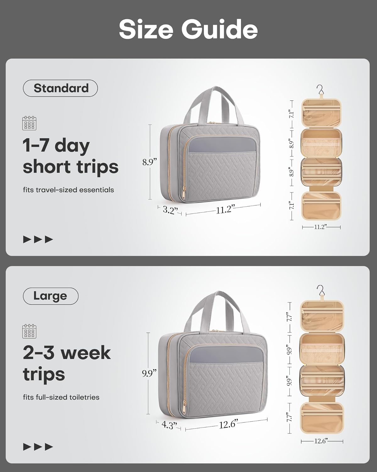 HOTOR Travel Toiletry Bag for Women & Men, Waterproof Makeup Bag with Hanging Hook and Multiple Pockets, Cosmetic Bags for Women, Travel Essentials, 11.2'' x 3.2'' x 8.9'', Grey