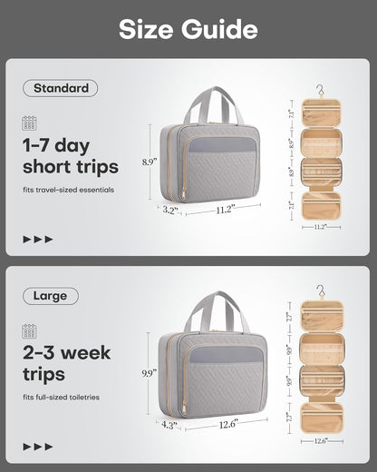 HOTOR Travel Toiletry Bag for Women & Men, Waterproof Makeup Bag with Hanging Hook and Multiple Pockets, Cosmetic Bags for Women, Travel Essentials, 11.2'' x 3.2'' x 8.9'', Grey