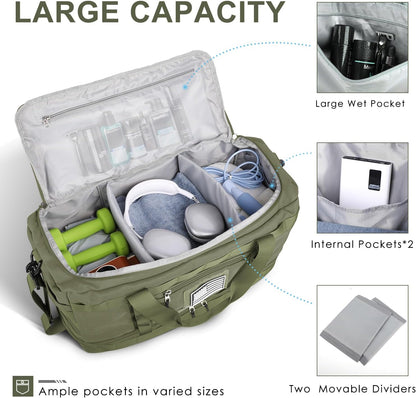 ETRONIK Travel Bag for Men Women, Gym Bag & Tactical Duffle Bags for Travel, Carry on with Toiletry Bag and Shoe Compartment, Weekender Overnight Trip with Wet Pocket for Workout Medical, Green