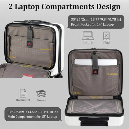16 Inch Carry On Luggage with 2 Compartments for 14” & 15” Laptop, 16.14*8*17.12” Rolling Briefcase, Lightweight Hardshell ABS+PC Suitcase with Spinner Silent Wheels, for Business Trip, Milky White