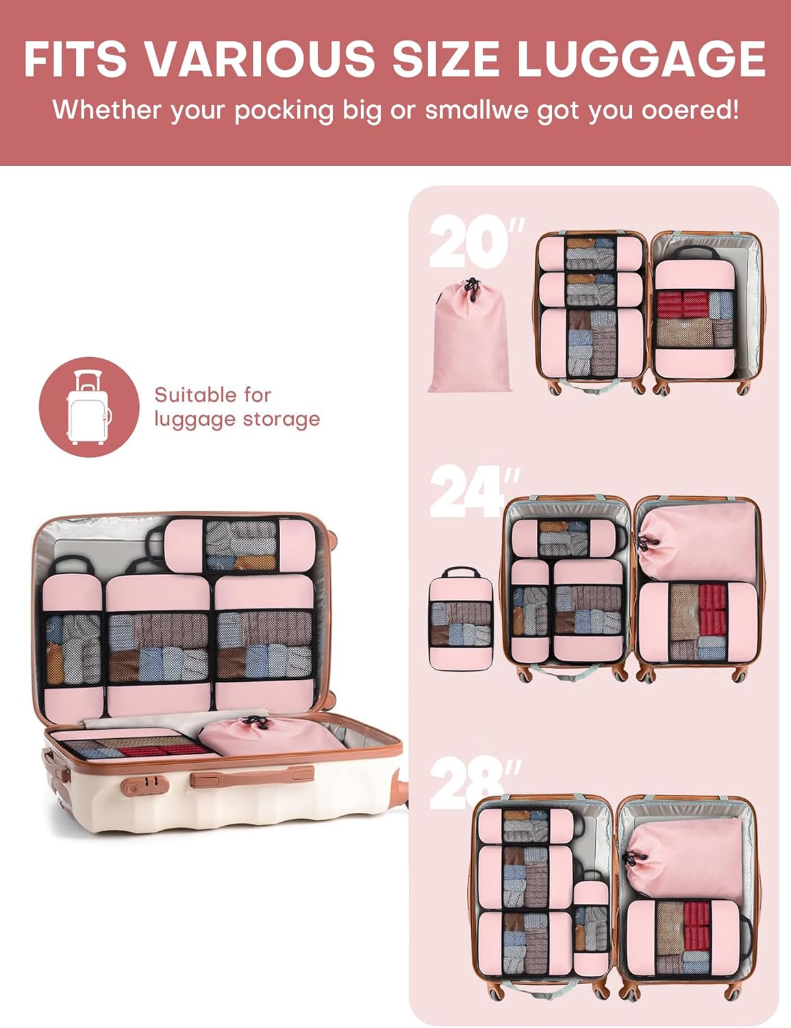 6 PCS Set Compression Packing Cubes for Travel, Lightweight Packing Organizer Bags Travel Essentials for Carry On, Suitcase, Home Closet - Pink