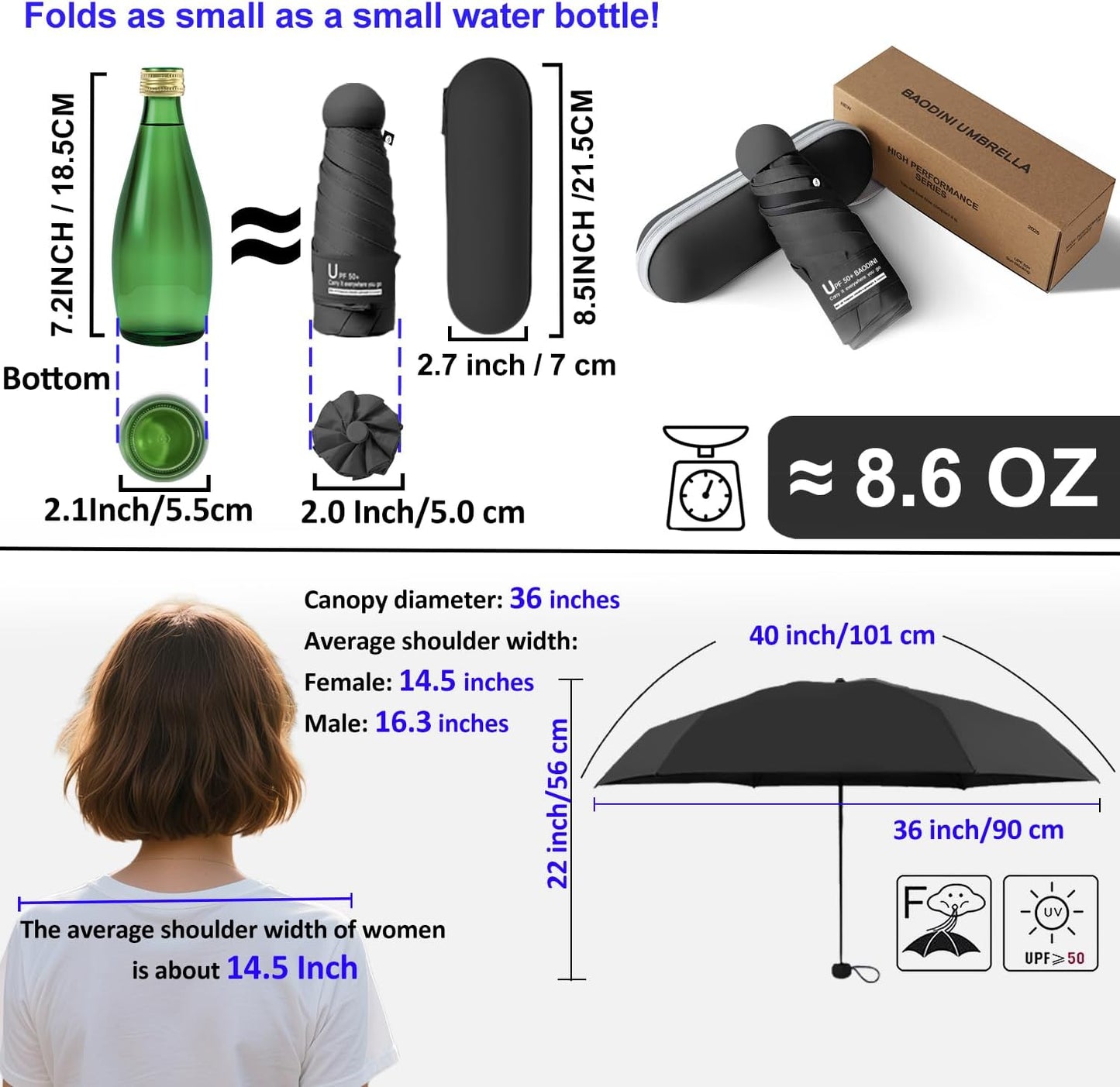 BAODINI Travel Mini Umbrella for Purse With Case Small Compact UV Sun Protection Sun Lightweight Tiny Pocket Umbrella for Women Girls and Men