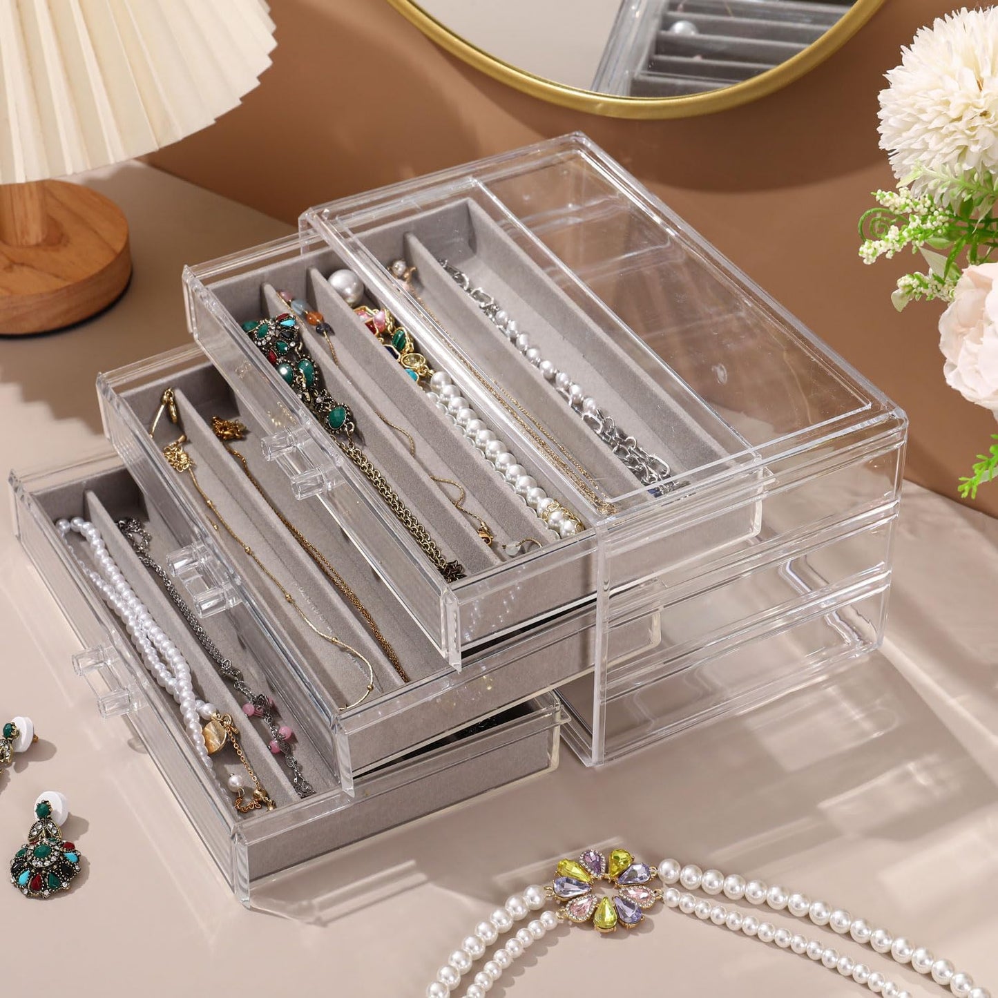 Necklace Organizer Box, Tray with Clear Lid, Dustproof Velvet Necklaces Holder Storage Display Case, Necklace Tray Drawer Insert for Pendant Suitable for Women and Girls (Grey)