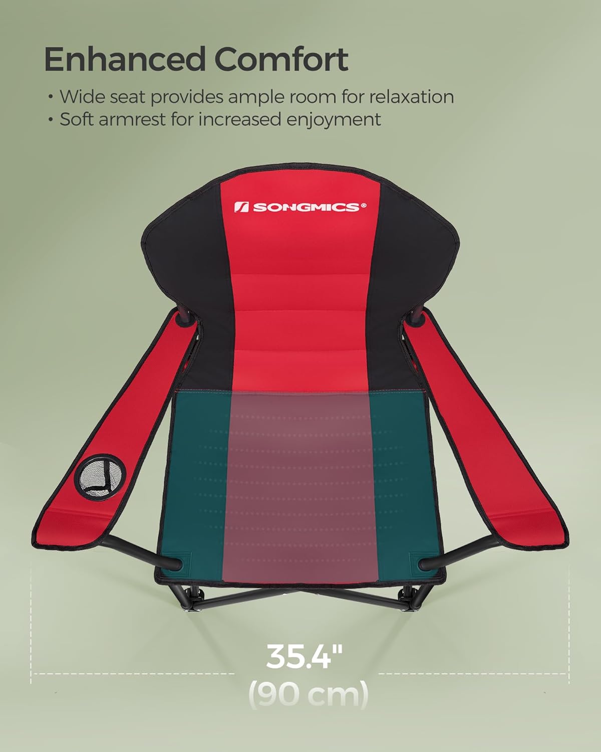 SONGMICS Folding Camping Chair, with Comfortable Sponge Seat, Cup Holder, Heavy Duty Structure, Max Load Capacity 551 lb, Outdoor Picnic Chair, Red and Black UGCB06BK