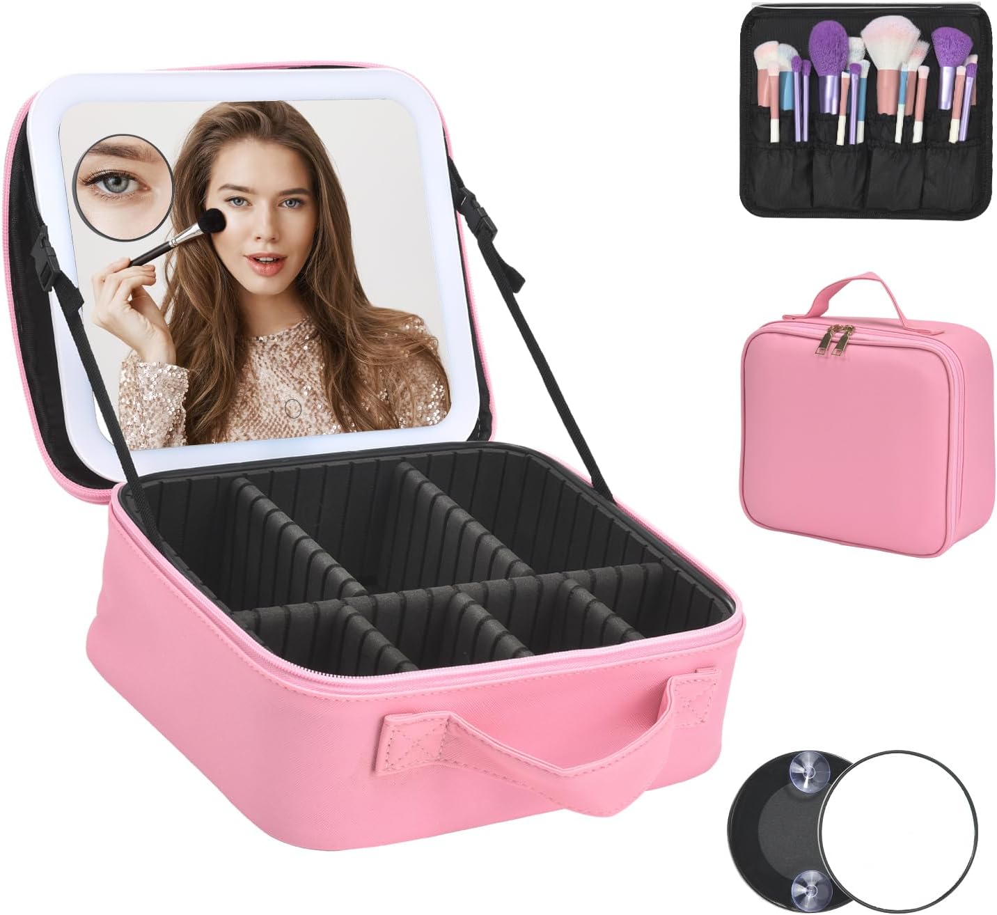 Travel Makeup Bag With LED Mirror,Makeup Travel Train Case with 3 Color Setting,Cosmetic Makeup Organizer Bag with Adjustable Dividers,Portable Make up Bag with Makeup Brush Holder Storage（Pink）