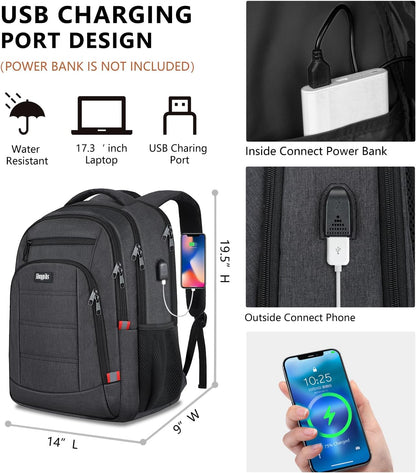 Backpack for Men Women, School Backpack, Large Quilted College Bookbag for Men, Water Resistant Travel Work Backpacks, Business Computer Back Pack with USB Charging Port, Fits 17" Laptop Black