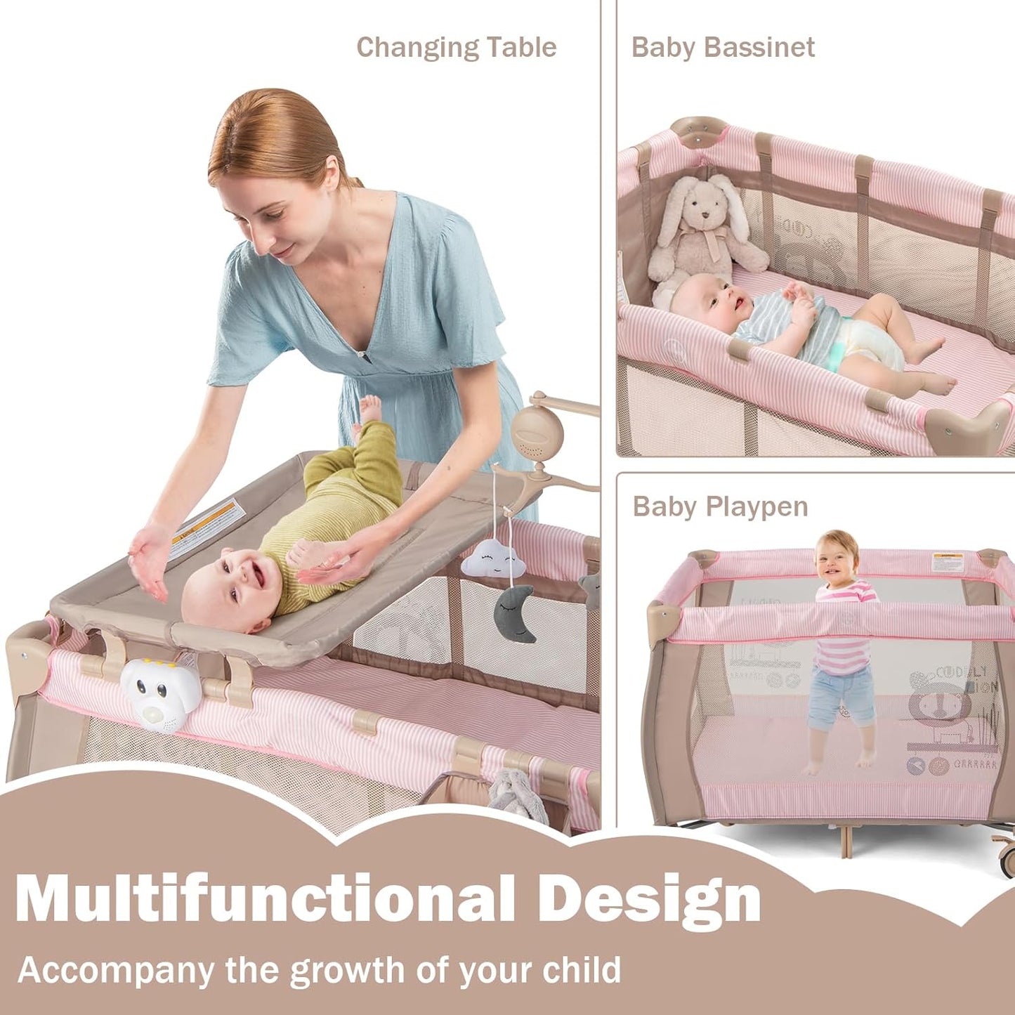 HONEY JOY Pack and Play, 3 in 1 Portable Baby Playard with Bassinet, Changing Table, Lockable Wheels, Music Box, Foldable Travel Baby Crib Nursery Center from Newborn to Toddler (Coffee Pink)