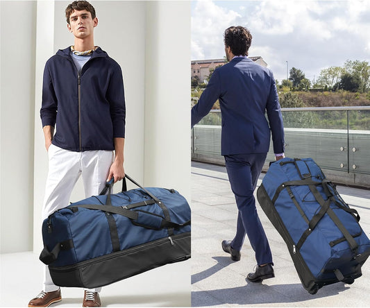 110L/140L Expandable Soft-Sided Foldable Duffle Bag with 2 Rubber Wheels,Packable 32” Rolling Carry-On with Multi-Pockets & Compartments,Navy Blue