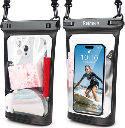 Large Waterproof Phone Pouch, 2Pack Floating Waterproof Bag for iPhone 16 15 14 13 12 Pro Max Galaxy S24 S23 S22 All Phones, Cell Phone Dry Bag for Beach Swimming Rafting Boating (Black + Black)