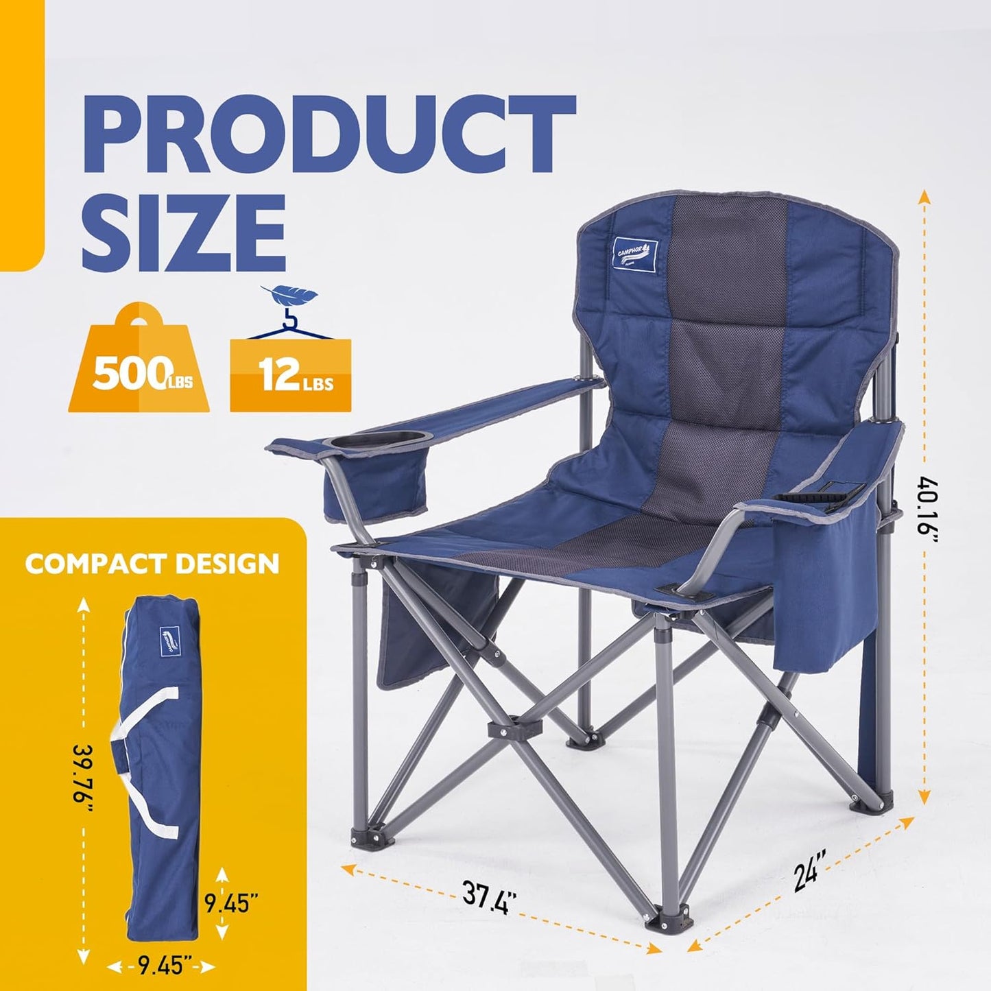 Oversized Folding Camping Chair for Adults, Supports 500 lbs – Breathable Fabric, Insulated Cup Holder, 8-Can Cooler, Padded Backrest & Seat, Storage Pouch, Carry Bag