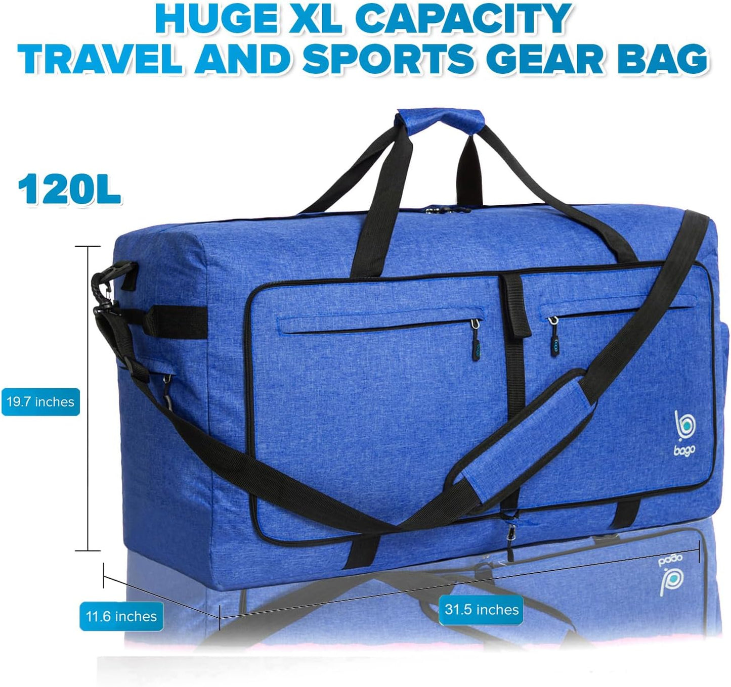 Bago Large Foldable Duffel Bags for Traveling Women & Men - 120L Packable Duffle Bag for Travel with Shoe Compartment - Water Repellant, Heavy Duty, Lightweight Folding & Collapsible (SnowDepBlue)