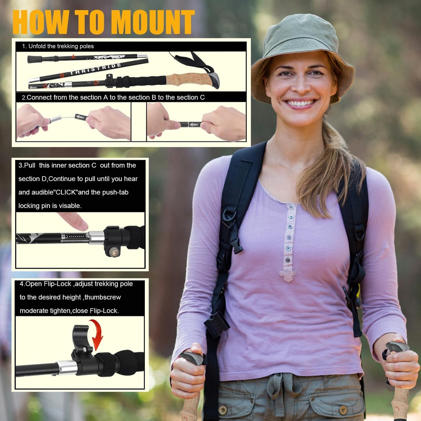 Trekking Poles Aviation Grade Aluminum Alloy-Strong Lightweight Collapsible Walking Sticks for Hiking Poles for Women, Men,Seniors in The 4 Season,All-Terrain,2pc Per Set