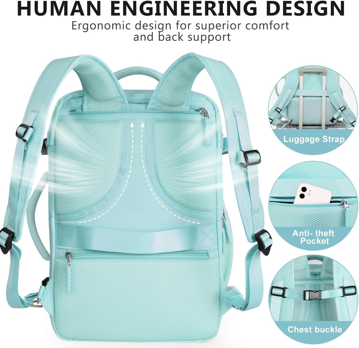 Travel Backpack for Women, Large Carry On Backpack for Travel, Waterproof Backpack Personal Item, Backpack for Women, laptop backpack 17.3 inch, College Bag Casual Daypack, Mint Green