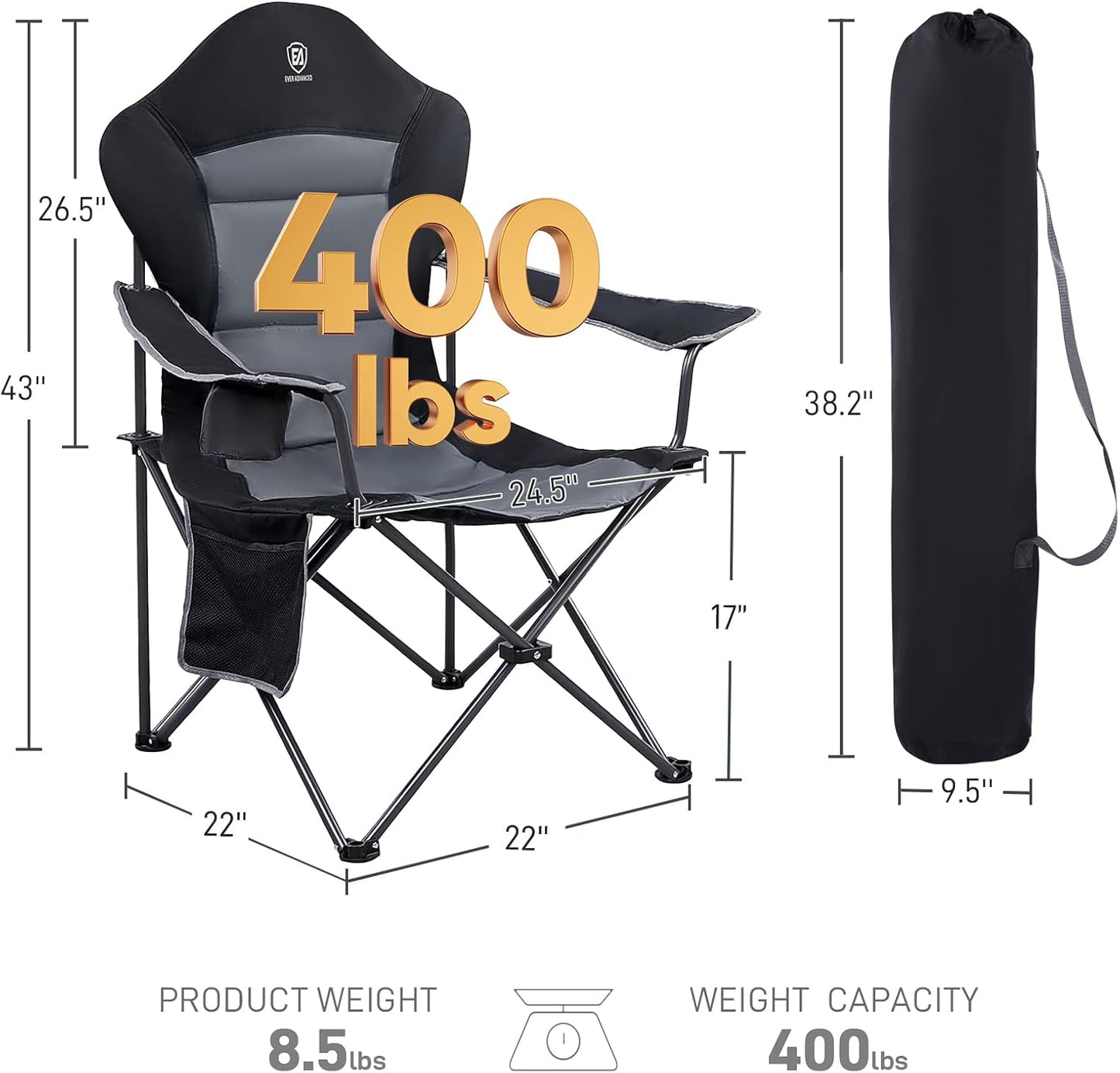 EVER ADVANCED Folding Camping Chair for Outside with High Back Padded Oversized Lawn Chairs Folding Lightweight Sturdy Steel Portable Outdoor Camp Chair for Adults