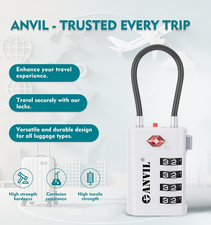 ANVIL 4 Digit Luggage Locks, TSA Locks for Luggage, Advanced TSA008 core, Alert Indicator for Your Travel Lock, Suitcase Lock.(4, White)