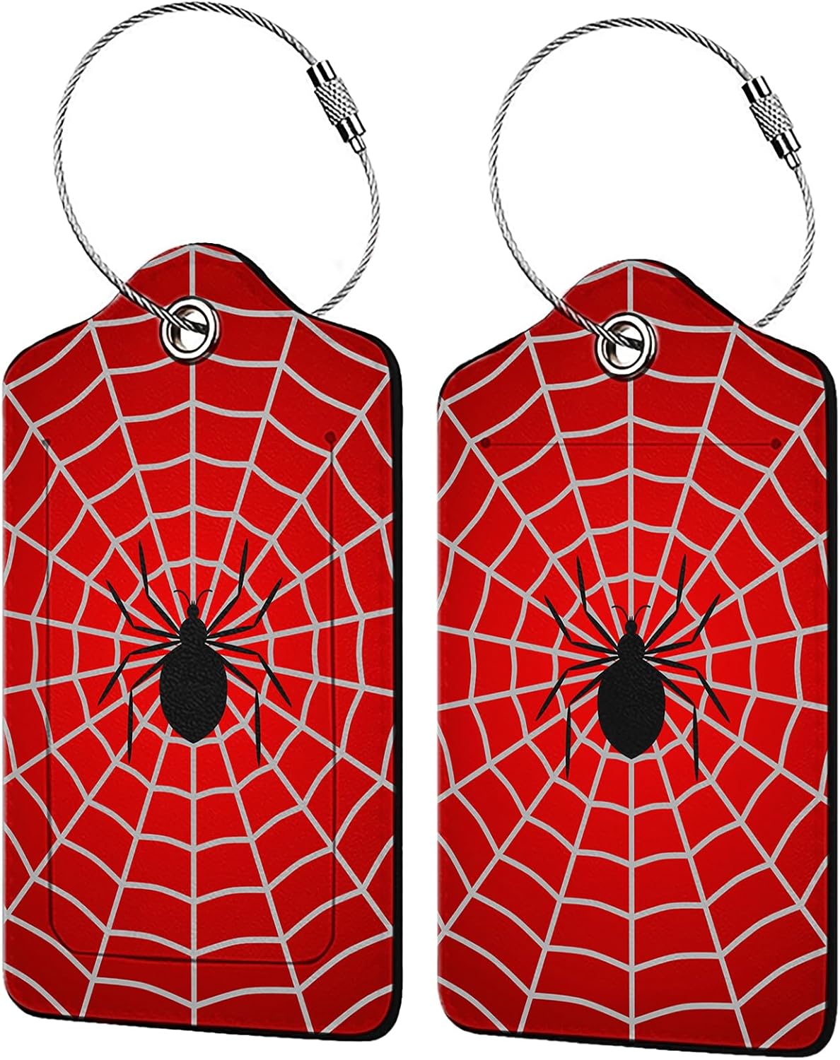 Spider Web 2-Pcs Premium Leather Tags with Privacy Covers,Luggage Tag Stainless Steel Loops Ideal for Suitcases, Travel Bags, Backpacks