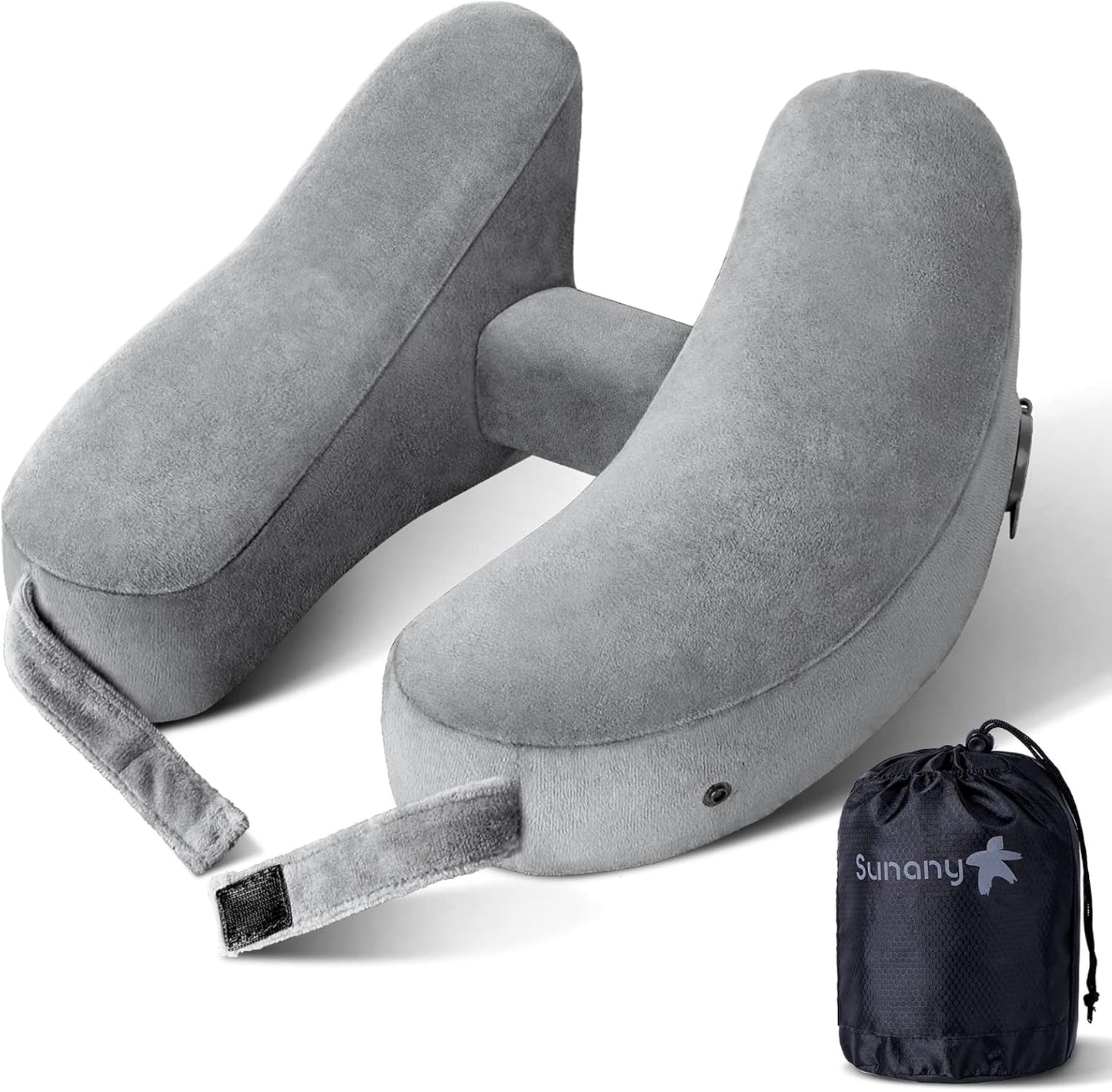 Sunany Neck Pillow for Travel Inflatable Airplane Pillow Comfortably Supports Head, Neck and Chin, Inflatable Travel Pillow with Soft Velour Cover and Portable Drawstring Bag (Grey)