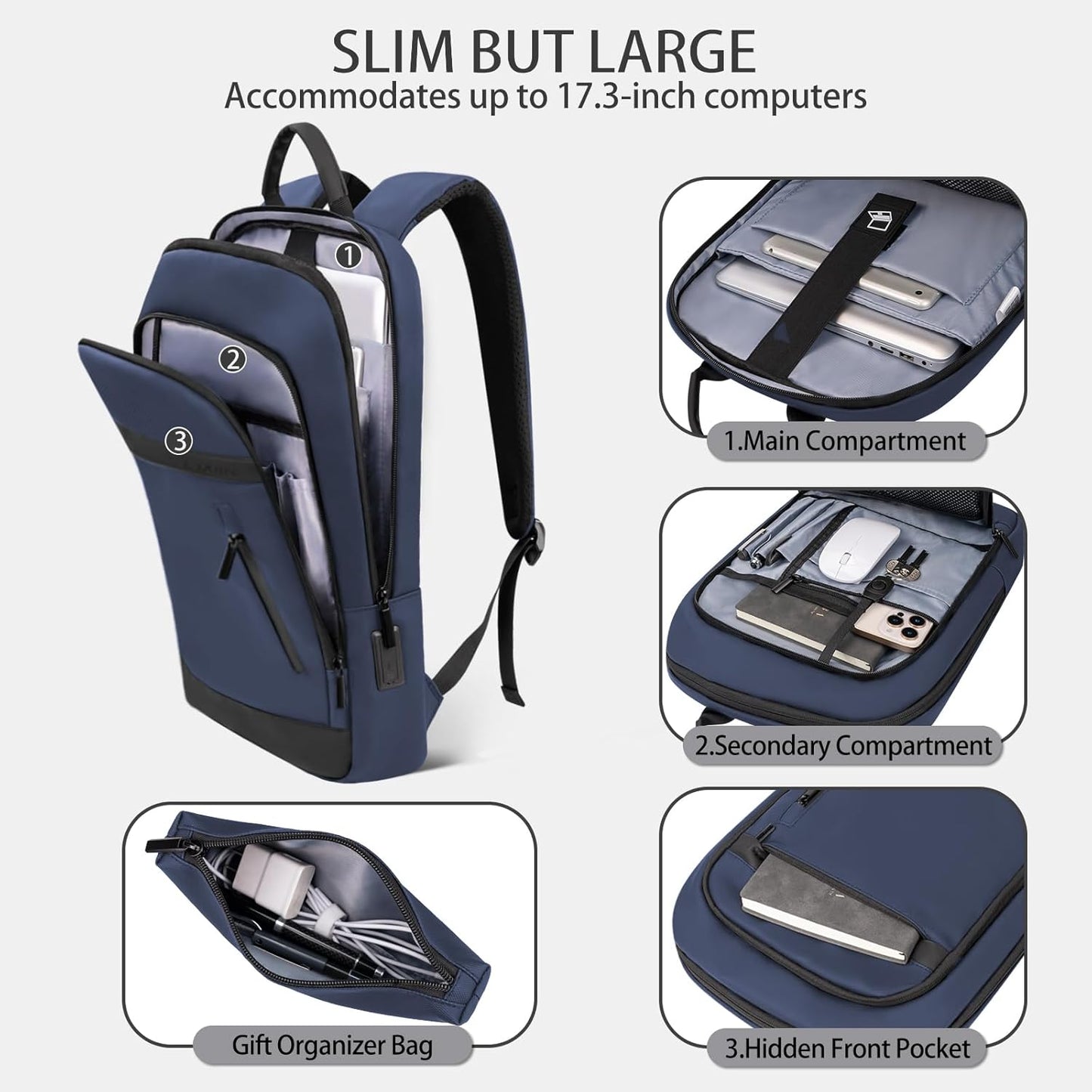Business Backpack for Men Lightweight Commute Laptop Backpack Anti-Theft Water Resistant Backpack for 17.3 Inch Computer for Daily Office Work with Small Bag (Blue)