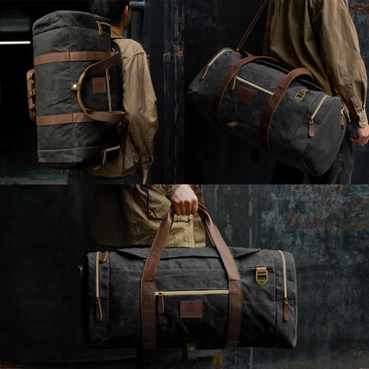 60L Duffle Bag for Men, Nomad Waxed Canvas Travel Duffel Bag Vintage Genuine Leather Travel Handbag Upgraded Weekender Overnight Backpack with Shoes Compartment (Vintage Black, X Large-60L)