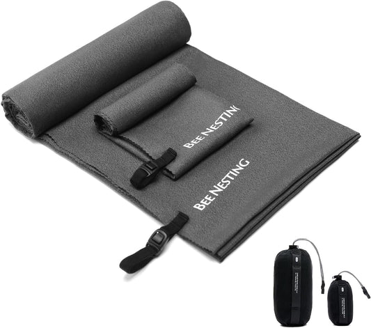 Ultralight Quick Dry Towel, Extra Large&Small 2 Pack Microfiber Towels with Compact Packable Pocket for Lightweight Backpacking Travel Beach Gym Camping & Swimming Sports(Grey 2 Set)