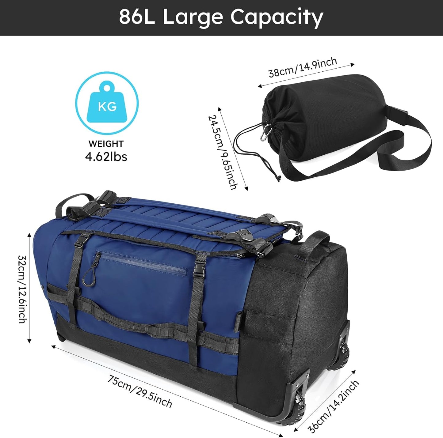 86L 30” Folding Duffle Backpack with 2 Wheels,Travel Bag with Separate Shoe Compartment,Navy Blue