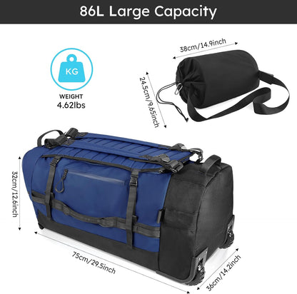 86L 30” Folding Duffle Backpack with 2 Wheels,Travel Bag with Separate Shoe Compartment,Navy Blue