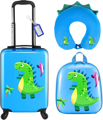 Sanwuta 4 Pcs Kids Luggage Set Kids Backpack Travel Rolling Suitcase with Wheels U-shape Pillow Childrens Gift for Girls Boys(17 Inch,Dinosaur Style,Blue)