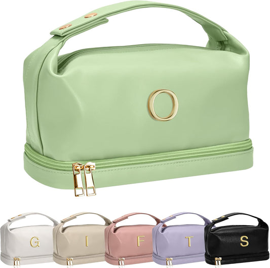 Gifts With Initials for Women, Personalized Makeup Bag with Handle, Initial Double Layer Cosmetic Bag with Makeup Brush Organizer, Cute Cosmetic Pouch for Women, Gifts for Friends Female