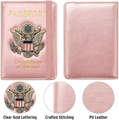 Passport Holder for Travel Passport Cover for Men Passport Wallet Case with Metal Badge Protector Leather Card Case RFID Blocking Women Travel Accessories Document Organizer (Rose Gold)