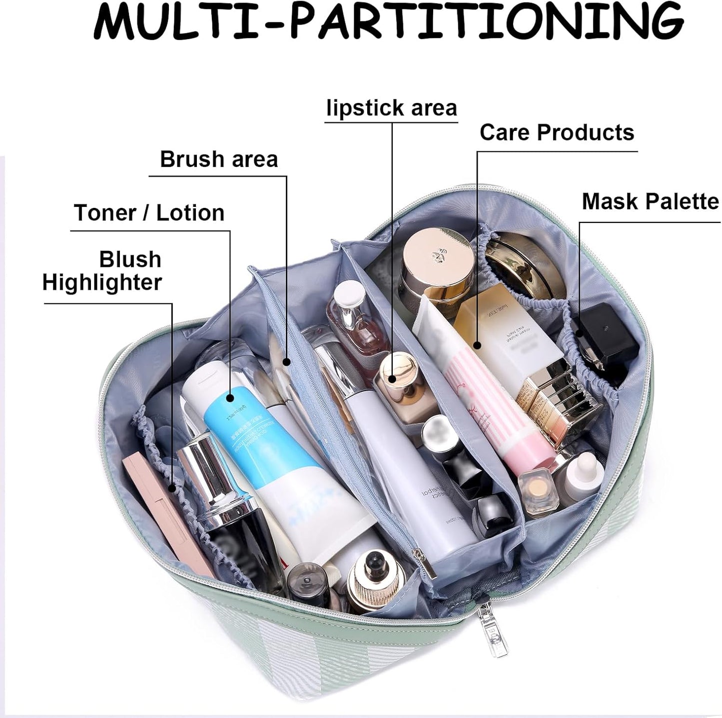 BOYATU Makeup Bag Travel Cosmetic Bag: 3 Pcs Set Portable Make up Bags for Women with Handle - Waterproof Vegan Leather Toiletry Organizer Bags with Comparments (F-02-Green)