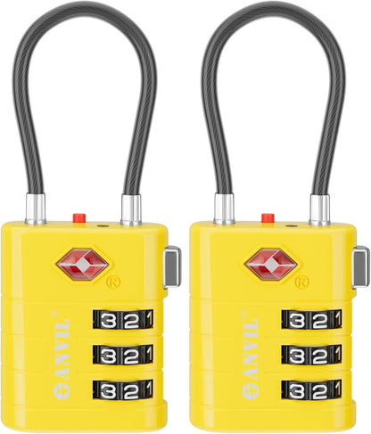 ANVIL TSA Approved Luggage Locks – High Security TSA008 Combination Travel Locks with Inspection Indicator for Suitcases and Backpacks. (2, Yellow)