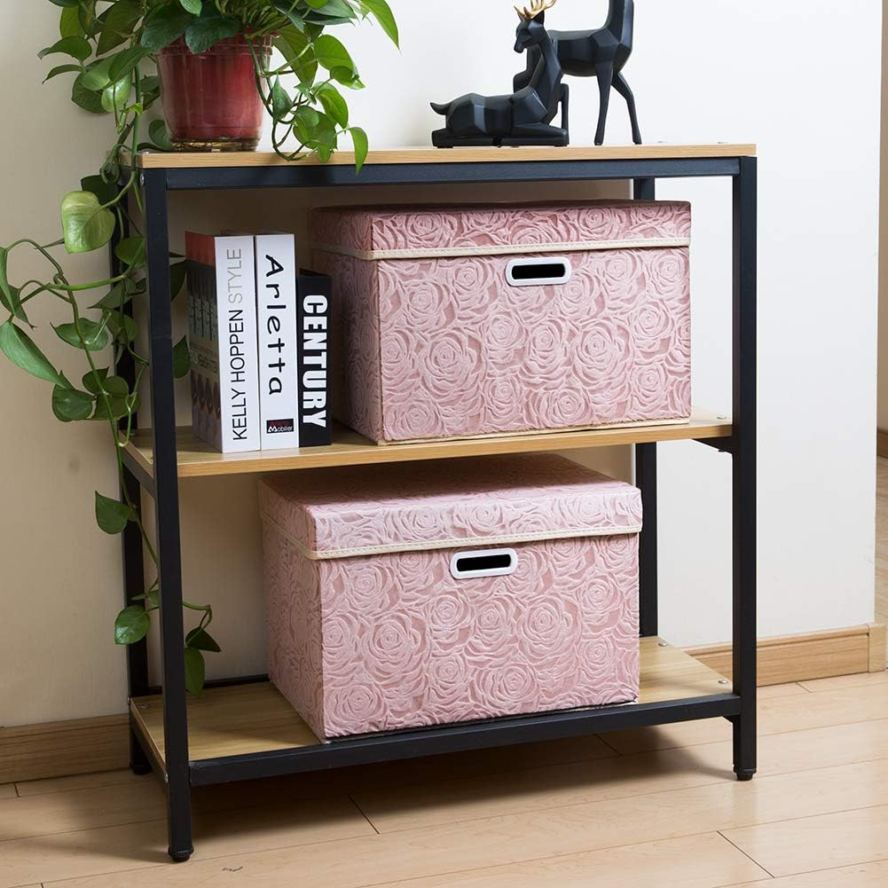 Prandom Larger Foldable Storage Boxes with Lid,Rose Pattern Fabric Decorative Storage Box,Cubes Organizers,Baskets with Handles,For Bedroom,Closet, Living Room,Pink,45x30x30cm[3-Pack]