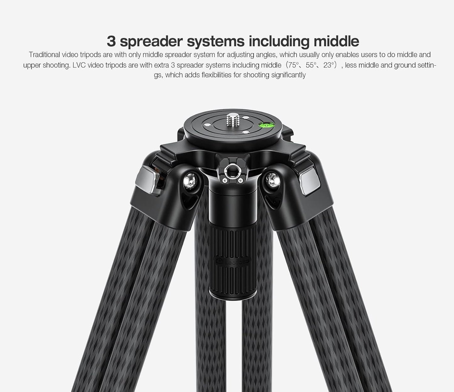 Leofoto LVC-253C+BV-15 King Kong Series Carbon Fiber Dual Leg Video Tripod w Fluid Head & Middle Spreader