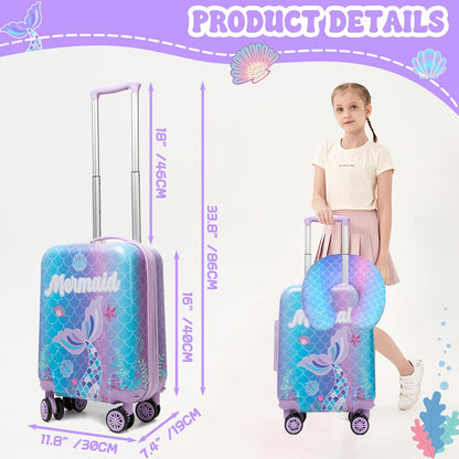 Cute Mermaid Kids Luggage Set 2 piece Kids Suitcase with Spinner Wheels 16" Childrens Luggage for Girls With Wheels Hard Shell Luggage Sets Airline Approved