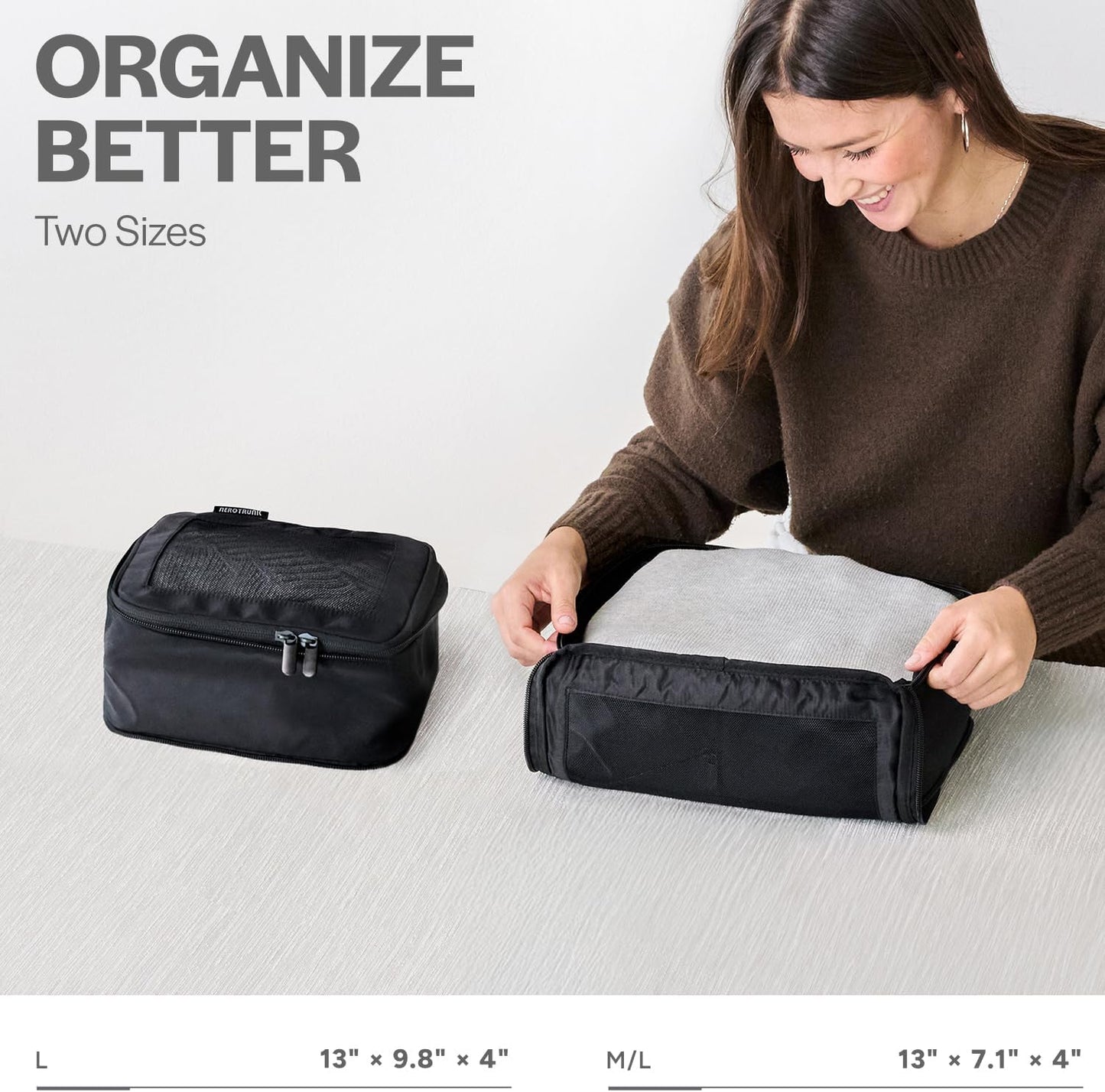 Compression Packing Cubes for Travel - Luggage Organizer Bags - Double Zipper Packing Cubes for Suitcases (2-Pack, Black)