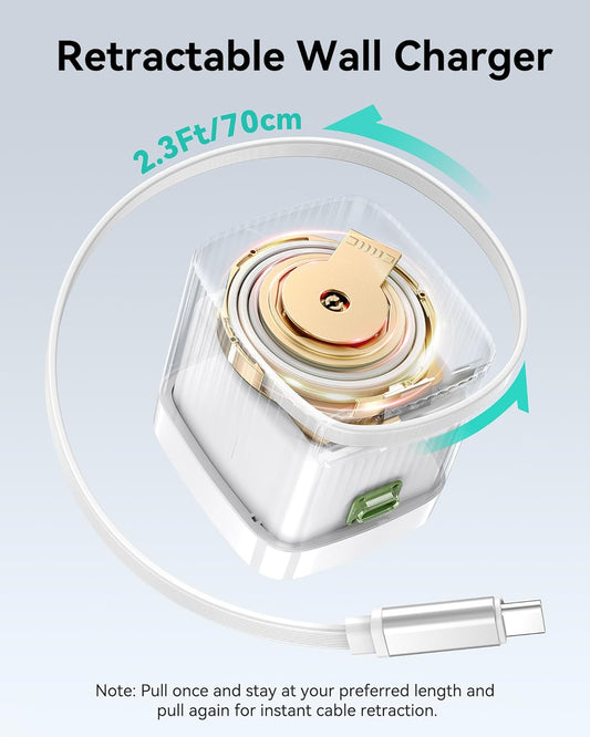 Retractable Wall Charger, 65W PD Fast USB C Charger Block with Retractable Type-C Cable, Travel Fast Charging Adapter with Foldable Plug for iPhone 16/15, MacBook Air, iPad Pro, Samsung, Pixel
