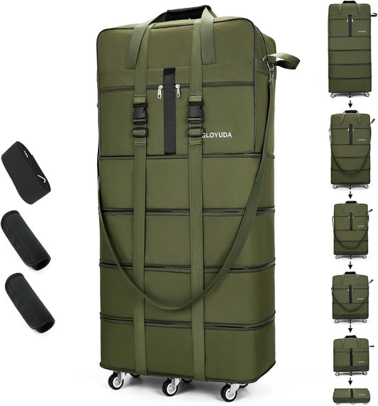 Expandable Foldable Luggage, 42'' Suitcase With Spinner Wheels, Rolling Duffle Bag with Wheels and Handle, Collapsible Luggage, With 2 Handle Wrap and 2 Fixing Straps, 1 Shoulder Strap (Green)