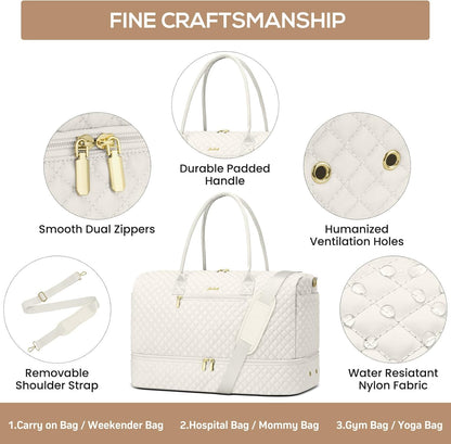 Travel Overnight Bag Weekender Bags - Duffle Bag Women with Shoe Compartment Carry On Overnight Bag with Toiletry Bag Duffel Bags with Wet Pocket for Gym Hospital Bags for Labor and Delivery Beige